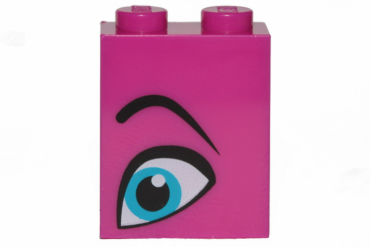 Pink LEGO 1x2x2 brick, part 3245cpb093, with blue eye and right eyebrow print.