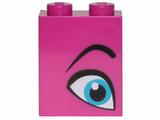 Pink LEGO 1x2x2 brick with inside stud holder, blue eye and left eyebrow print, part 3245cpb094.