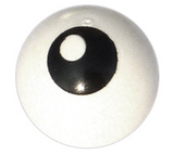 White LEGO Technic Ball Joint 32474pb002 with a black eye pattern and a pupil on the top left side.