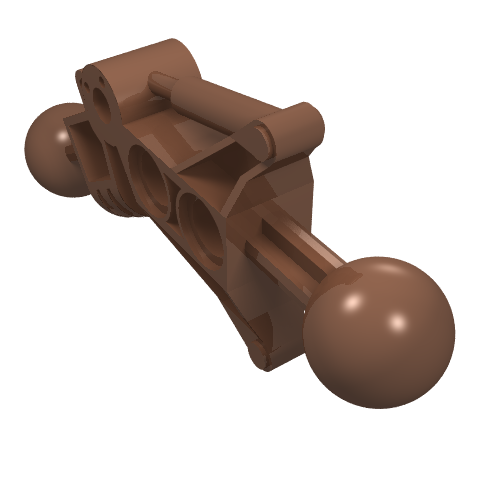 Brown LEGO Bionicle Toa Leg (part 32482) with ball joints on ends and multiple pin holes, viewed from an angle.