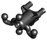 Dark gray LEGO Technic steering arm with four tow balls, a triangular wheel hub, and two pin connections.