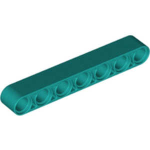Dark teal LEGO Technic Liftarm, Thick 1 x 7 (32524), featuring seven circular pinholes, angled on a white background.