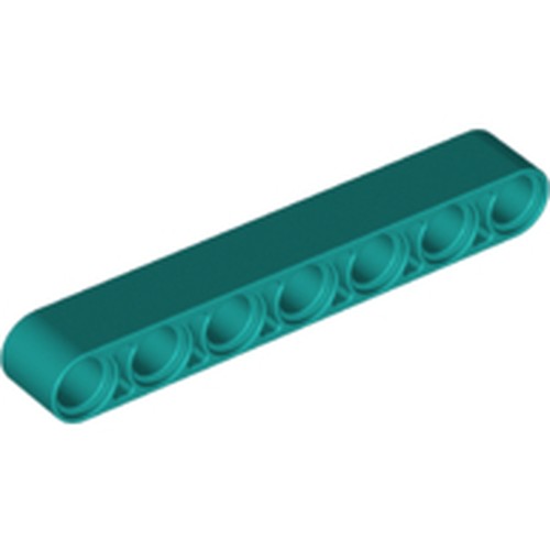 Dark teal LEGO Technic Liftarm, Thick 1 x 7 (32524), featuring seven circular pinholes, angled on a white background.