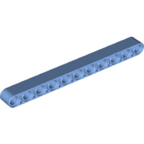 A single blue LEGO Technic Liftarm Thick 1 x 11, featuring 11 pinholes, shown at an angle on a white background.