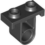 Black LEGO Technic Pin Connector Plate 32529 with two studs on top and a circular pinhole on the bottom.