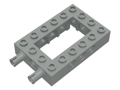Gray LEGO Technic brick 4x6, open center, with two fixed rotatable friction pins protruding from one end.