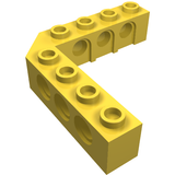 A single yellow LEGO Technic 5x5 right-angle brick, part 32555, with studs and side pin holes, viewed from an angle.