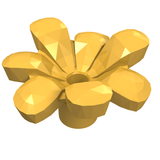 A yellow LEGO Plant Flower with Bar and Small Pin Hole (Part 32606), depicted as a 3D rendered, six-petaled flower.