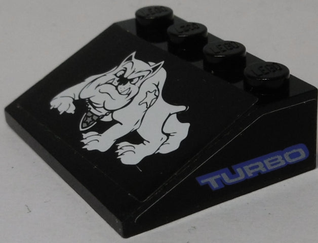 Black LEGO 3x4 slope with 33-degree angle, featuring a white bulldog graphic and 'TURBO' text on the side.