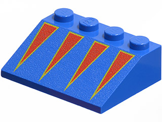 Blue LEGO 3x4 slope brick with a 33-degree angle, featuring a pattern of four red triangles with yellow borders.