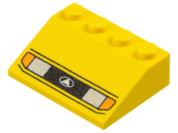 Yellow LEGO slope 33 3x4 brick with silver headlights, orange signal lights, and black grille with white triangle in oval logo.