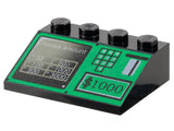 LEGO black slope 3x4 with green ATM bank machine pattern, showing a card slot, keypad, $1000, and a screen.