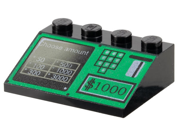 LEGO black slope 3x4 with green ATM bank machine pattern, showing a card slot, keypad, $1000, and a screen.