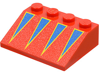 A red LEGO Slope 33 3 x 4 brick with a pattern of blue triangles outlined in yellow on its angled surface.