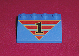 Blue LEGO Slope 33 3x4 brick with a black '1' on a red striped triangle pattern.