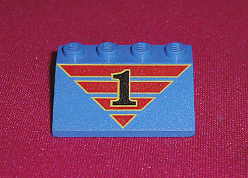 Blue LEGO Slope 33 3x4 brick with a black '1' on a red striped triangle pattern.