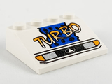 White LEGO 3x4 33-degree slope, 3297px9, with 'TURBO', blue spotted background, silver headlights, orange signal lights.