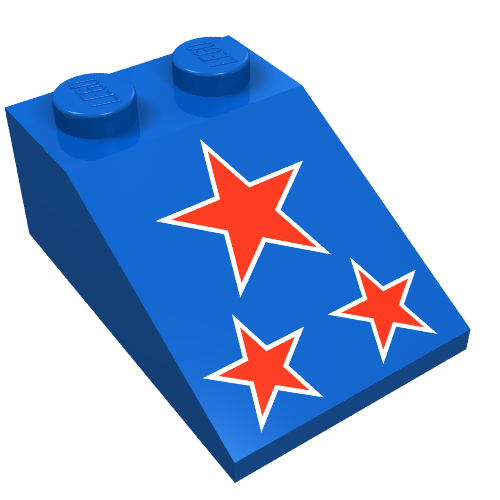 Blue LEGO 33 3x2 slope brick with a red stars pattern on its sloped surface.