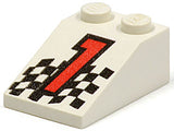 White LEGO Slope 33 3 x 2 brick with red number 1 and black checkered flag pattern print.