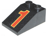 Black LEGO 33-degree 3x2 slope brick (3298pb006) with a red number 1 and yellow border pattern.