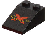 Black LEGO 3x2 slope brick with a red capital X in a yellow oval, the Extreme Team logo pattern.