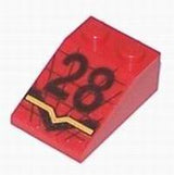 Red LEGO 33 degree 3x2 slope brick with black '28' number and black and yellow striped pattern.