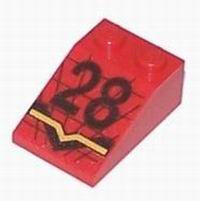 Red LEGO 33 degree 3x2 slope brick with black '28' number and black and yellow striped pattern.