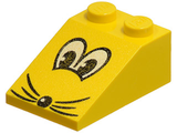 Yellow LEGO 3x2 slope brick with black and white cartoon eyes, black nose, and whiskers pattern on the front.