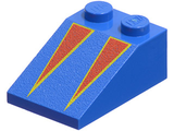 Blue LEGO Slope 33 3x2 brick with two red triangles outlined in yellow on the angled surface.