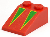 Red LEGO 3x2 slope brick with two green triangles outlined in yellow on the sloped surface.