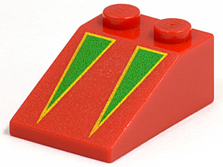 Red LEGO 3x2 slope brick with two green triangles outlined in yellow on the sloped surface.