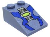 Light bluish gray LEGO slope 33 3x2 with a blue and light gray machinery pattern and a neon green oval.