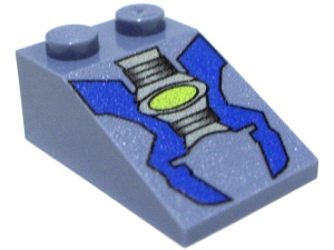 Light bluish gray LEGO slope 33 3x2 with a blue and light gray machinery pattern and a neon green oval.