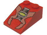 Red LEGO Slope 33 3 x 2 brick with a printed pattern of sand and light gray machinery parts and a neon green oval.