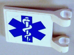 White LEGO 2x2 square flag piece with a blue Star of Life EMT symbol pattern and two clips on its right side.