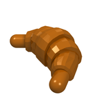 A brown LEGO croissant piece, set 33125, with characteristic rounded ends and ridged body, on a white background.
