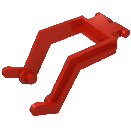 Red LEGO digger bucket arm, small, with two angled arms extending from a bar, and rounded ends.