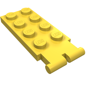 Yellow LEGO Hinge Plate 2 x 4 Male, Digger Bucket Holder, with 8 visible studs, angled view.