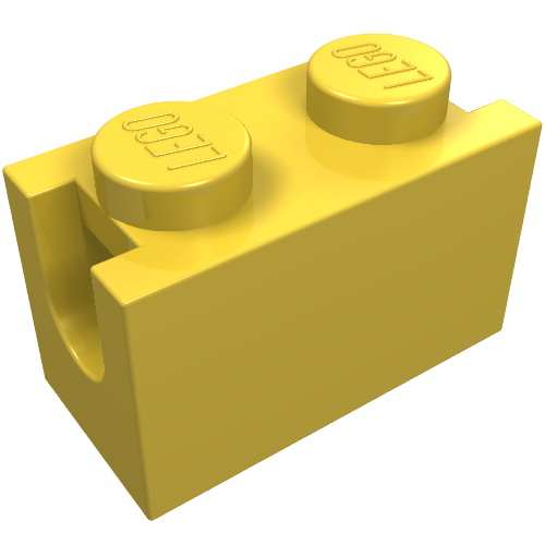 A yellow LEGO 3317 Modified 1 x 2 brick with a Digger Bucket Arm Holder, viewed at an angle on a white background.