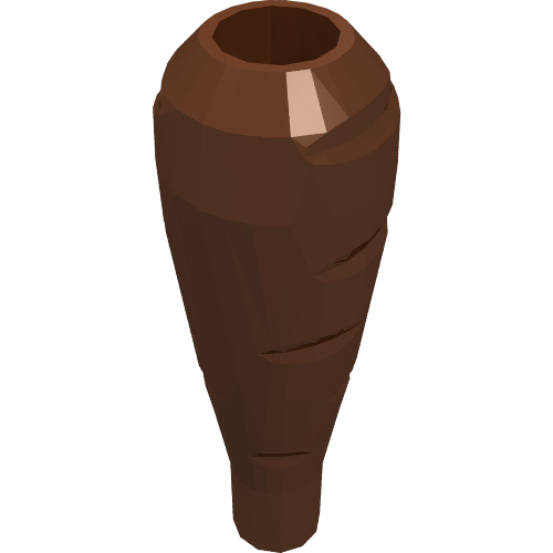 Brown LEGO element 33172, shaped like a stylized carrot or club, with subtle grooves along its body.