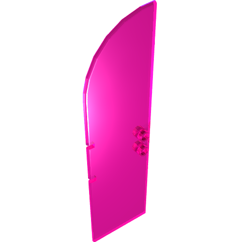 A pink translucent LEGO Door 1 x 4 x 11 1/3 Curved Top piece, seen from an angle, with two stud-like details.