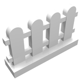 White LEGO 1x4x2 paled fence piece with four rounded pickets and two horizontal rails, standing on a base.