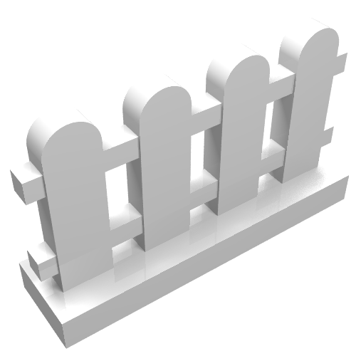 White LEGO 1x4x2 paled fence piece with four rounded pickets and two horizontal rails, standing on a base.