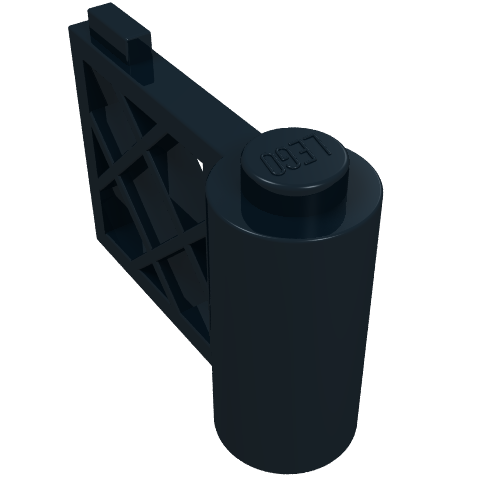 Black LEGO 3358 Fence Gate 1 x 3 x 2 Lattice part with a cylindrical post and LEGO logo on top.