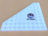 White LEGO 10x10 cut corner wedge plate with Space Center logo and 'JM 3367' pattern sticker on smooth center.