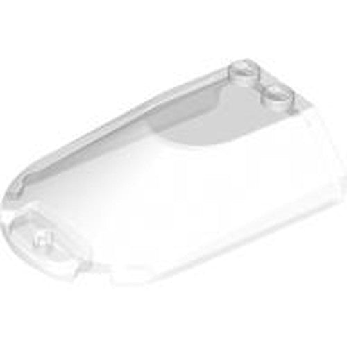 A transparent LEGO Windscreen 6 x 4 x 1 1/3 Canopy Sloped Sides piece with two studs, shown at an angle.