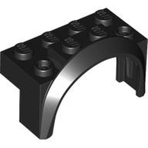 Black LEGO mudguard part, 4x2.5x2, featuring a smooth rounded arch and eight studs on the top surface.