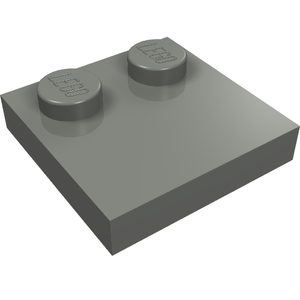 Gray LEGO 33909 Modified Tile 2x2 with two studs on one edge, showing LEGO logo on studs.