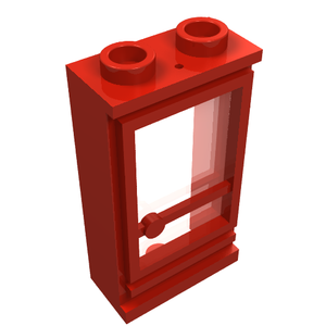 Red LEGO Door 1 x 2 x 3, hinged on the right, with a trans-clear glass panel. Part 33bc01.
