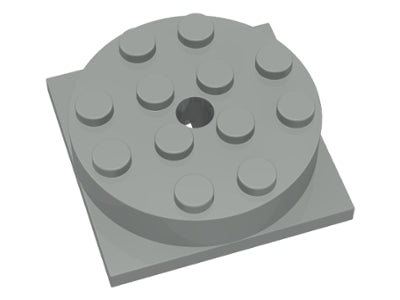 Gray LEGO turntable with a 4x4 square base and a circular top featuring 11 studs and a central hole.